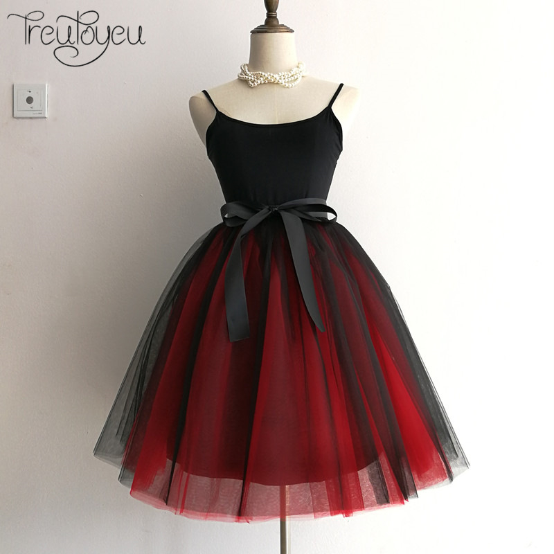 Baletni tutu suknja, dvobojna crno-crvena, plisirana, s 7 slojeva mrežaste tkanine, visoki struk, gradski stil