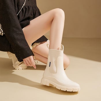 Дамски дъждовни ботуши PVC, средна височина до прасеца, водоустойчиви, плосък ток, нехлъзгаща подметка