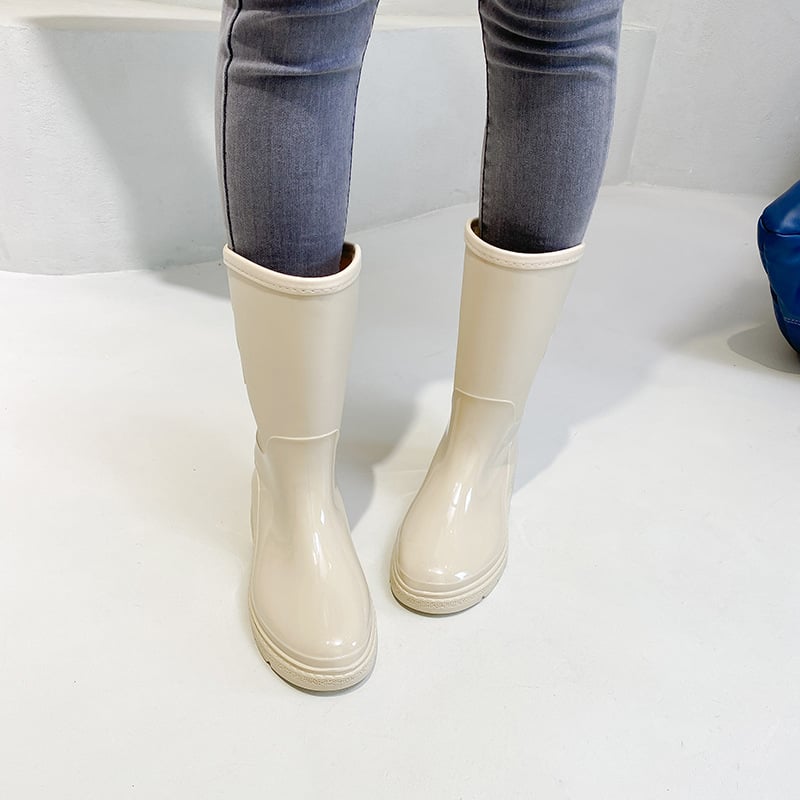 Женски PVC ботуши за дъжд - до средата на прасеца, плосък ток, удебелени, антиплъзгащи