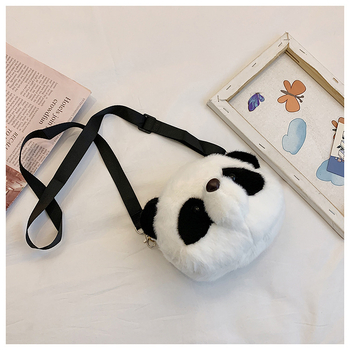 Pliš Crossbody torba za djecu s panda dizajnom, cilindrični oblik, zatvaranje zatvaračem, džep za telefon, unutarnji džep tipa patch