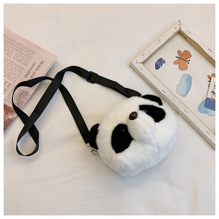 Pliš Crossbody torba za djecu s panda dizajnom, cilindrični oblik, zatvaranje zatvaračem, džep za telefon, unutarnji džep tipa patch
