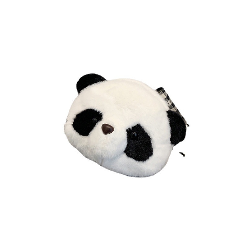 Pliš Crossbody torba za djecu s panda dizajnom, cilindrični oblik, zatvaranje zatvaračem, džep za telefon, unutarnji džep tipa patch