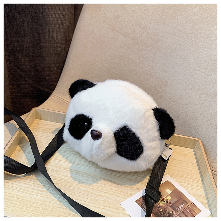Pliš Crossbody torba za djecu s panda dizajnom, cilindrični oblik, zatvaranje zatvaračem, džep za telefon, unutarnji džep tipa patch