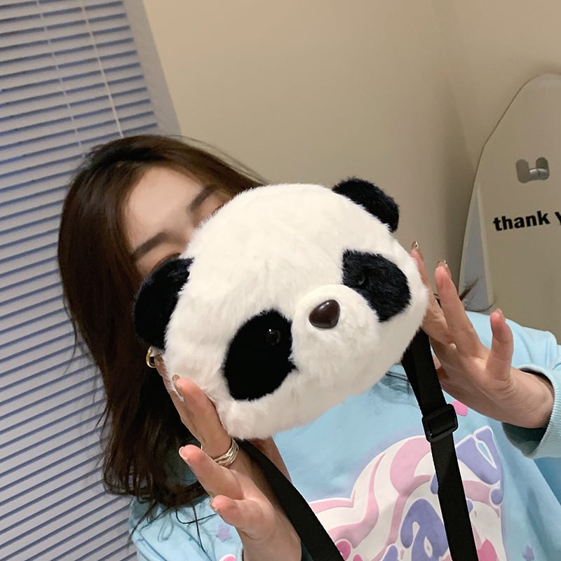 Pliš Crossbody torba za djecu s panda dizajnom, cilindrični oblik, zatvaranje zatvaračem, džep za telefon, unutarnji džep tipa patch