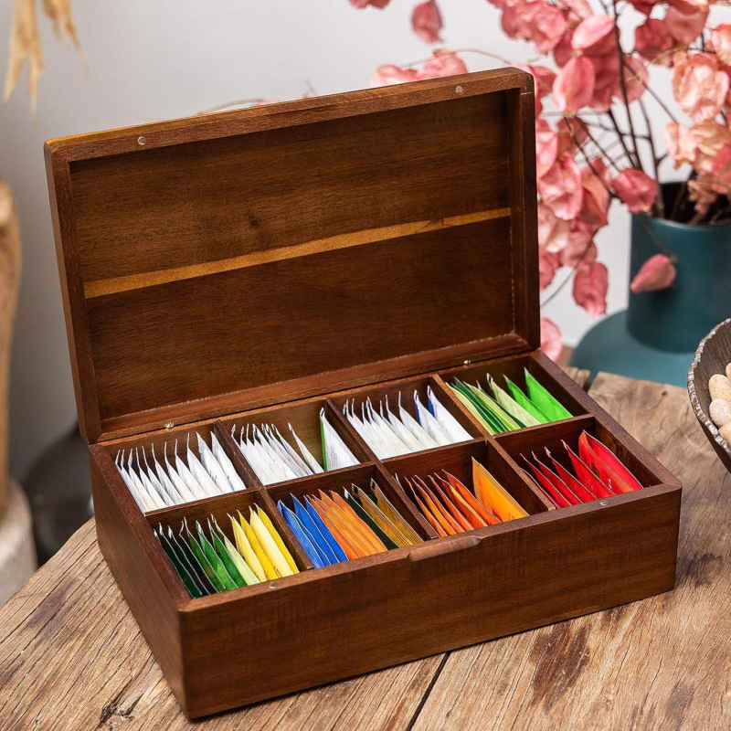 Ξύλινο κουτί αποθήκευσης για τσάι, με σχέδιο σπίτι, οργανωτής με διαμερίσματα και αναδιπλούμενο καπάκι, χωρητικότητα 2 L, μοντέρνο μινιμαλιστικό στυλ