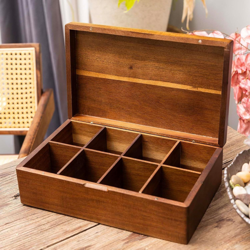 Ξύλινο κουτί αποθήκευσης για τσάι, με σχέδιο σπίτι, οργανωτής με διαμερίσματα και αναδιπλούμενο καπάκι, χωρητικότητα 2 L, μοντέρνο μινιμαλιστικό στυλ