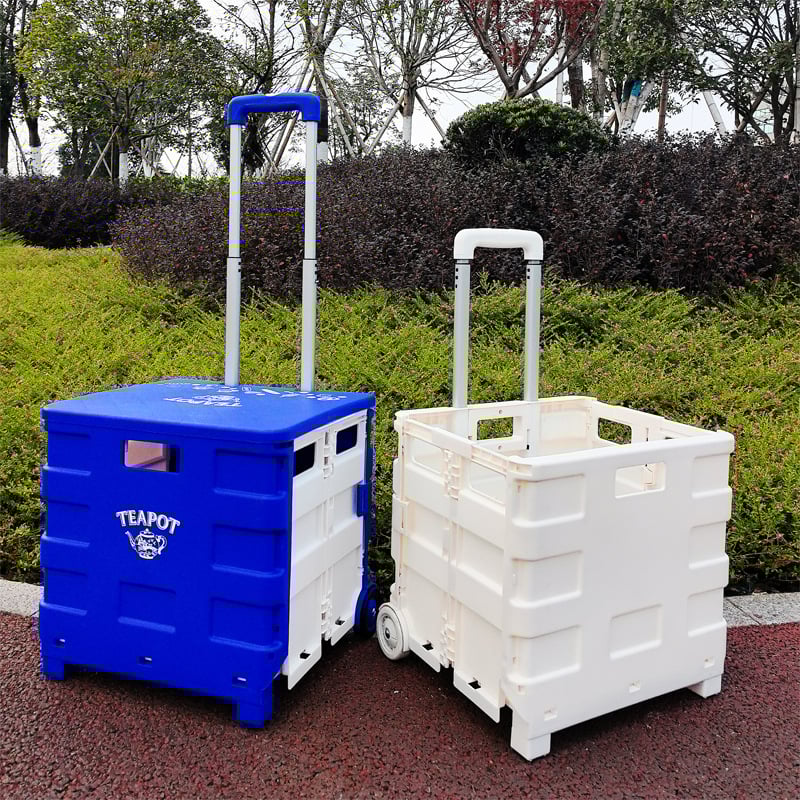 Пластмасова сгъваема количка за пазаруване с регулируема дръжка, двуколесна, товароподемност 45 кг