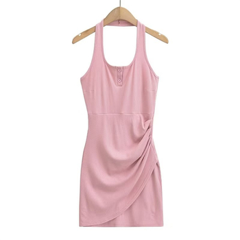 Halter nyakú ruha, hátsó nyitott, szabálytalan redőkkel, wrap fazon a csípőn, magas derék