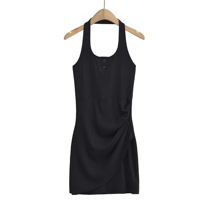 Halter nyakú ruha, hátsó nyitott, szabálytalan redőkkel, wrap fazon a csípőn, magas derék