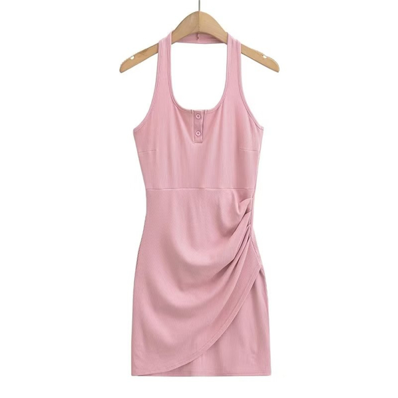 Halter nyakú ruha, hátsó nyitott, szabálytalan redőkkel, wrap fazon a csípőn, magas derék