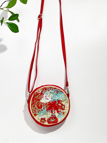 Kružna crossbody torbica za telefon, brokat materijal, drakon izvezena, kineski stil, zatvaranje zatvaračem, podstava od poliestera