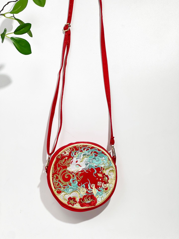 Kružna crossbody torbica za telefon, brokat materijal, drakon izvezena, kineski stil, zatvaranje zatvaračem, podstava od poliestera