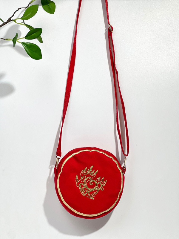 Kružna crossbody torbica za telefon, brokat materijal, drakon izvezena, kineski stil, zatvaranje zatvaračem, podstava od poliestera
