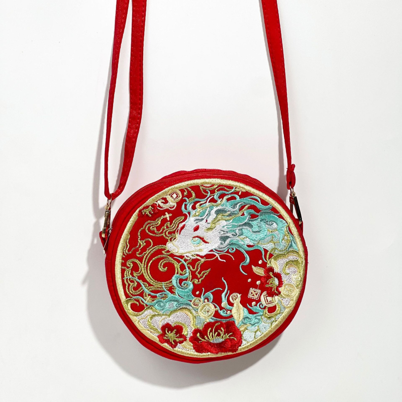 Kružna crossbody torbica za telefon, brokat materijal, drakon izvezena, kineski stil, zatvaranje zatvaračem, podstava od poliestera