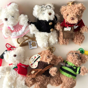 Charm din pluș pentru geantă cu ursuleț Teddy – desen animat, stil coreean, design original, plastic/rășină, semi-manual, primăvara 2025