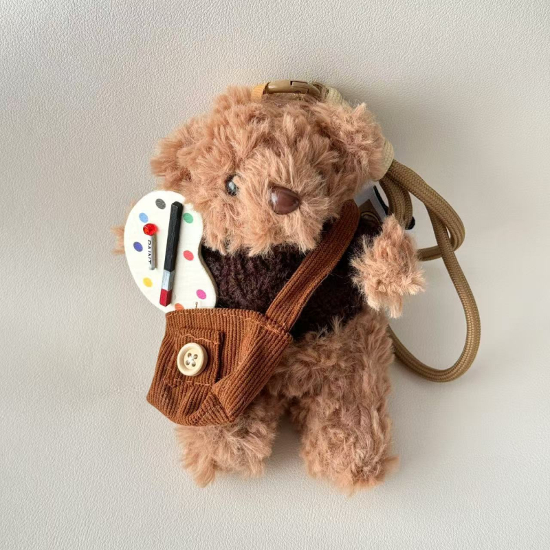 Charm din pluș pentru geantă cu ursuleț Teddy – desen animat, stil coreean, design original, plastic/rășină, semi-manual, primăvara 2025