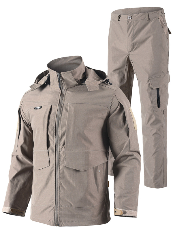 Камуфлажен комплект за външни дейности с разтегателна качулка; Тактически планинско тренировъчно яке; Материал: смесено химическо влакно; Устойчив на износване; Унисекс за възрастни