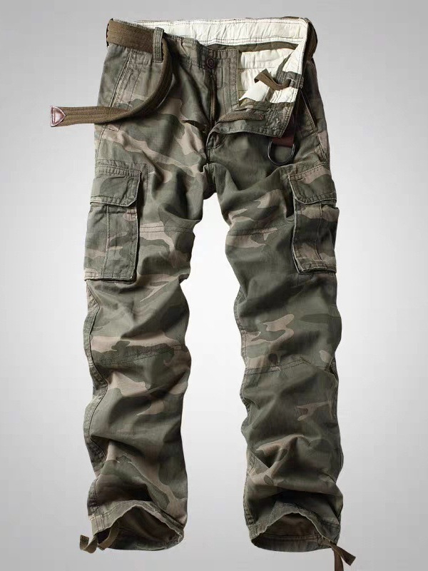 Камуфлажни cargo панталони с множество джобове, средна талия, колан, копчета