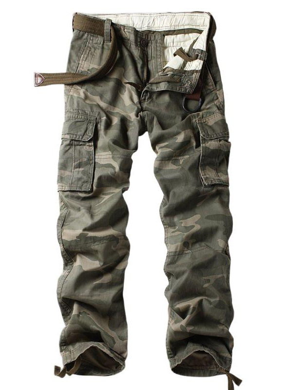 Камуфлажни cargo панталони с множество джобове, средна талия, колан, копчета