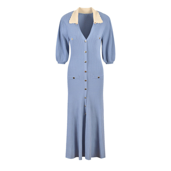 Poliészter anyagú ruha galléros, puff ujjú, A-vonalú szabás