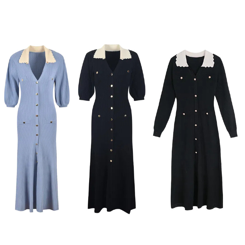 Poliészter anyagú ruha galléros, puff ujjú, A-vonalú szabás