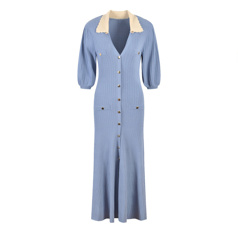 Poliészter anyagú ruha galléros, puff ujjú, A-vonalú szabás