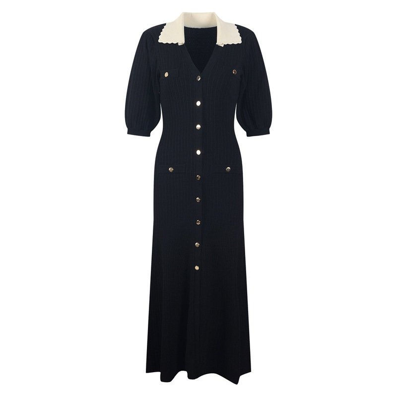 Poliészter anyagú ruha galléros, puff ujjú, A-vonalú szabás