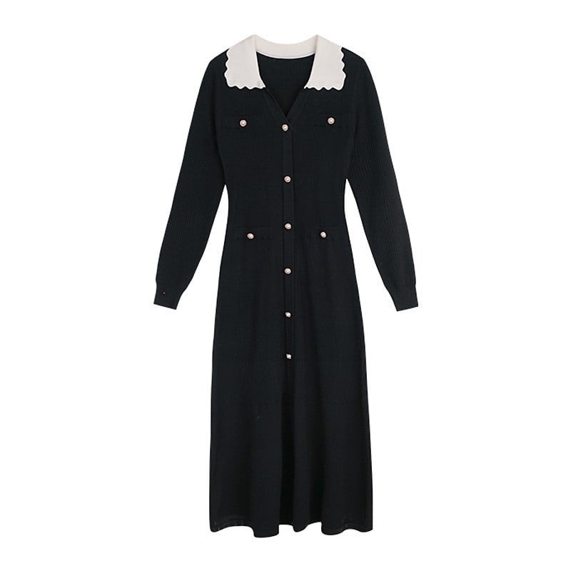 Poliészter anyagú ruha galléros, puff ujjú, A-vonalú szabás