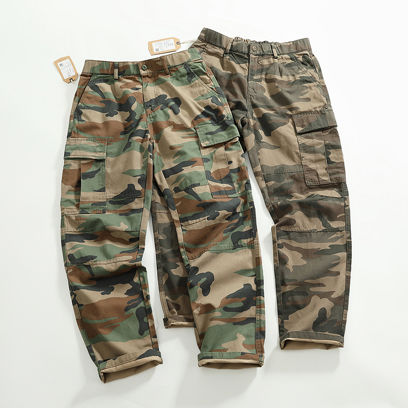 Ежедневни работни панталони с камуфлажен принт, военен стил, свободен прав крой, множество джобове, полиестерна смес