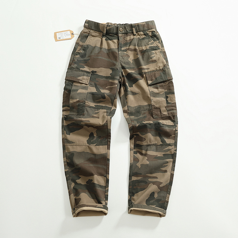Ежедневни работни панталони с камуфлажен принт, военен стил, свободен прав крой, множество джобове, полиестерна смес