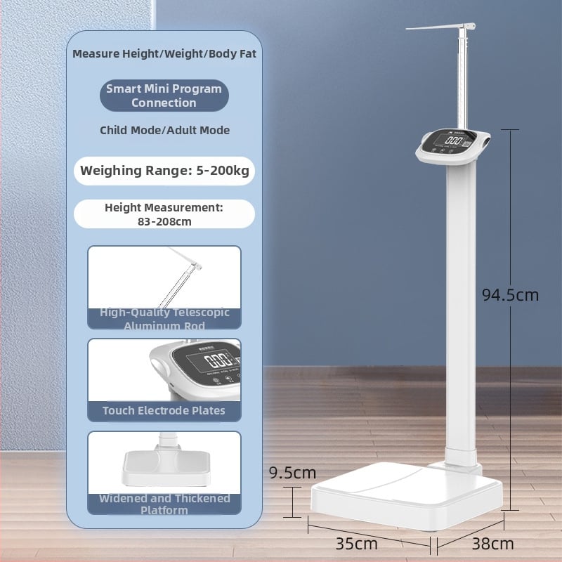 Visinomjer za škole i bolnice - sve-u-jednom zdravstvenom pregledu, model J05, raspon težine 0.2–203 kg, zaslon 85.5×41 mm, punjiva baterija, mjerenje tjelesne masti i vlage