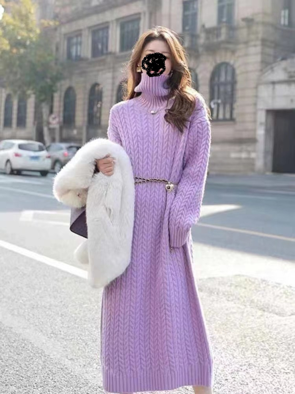 Hosszú kötött ruha magas gallérral, szabad derékkal, viszkóz rost, retro stílus