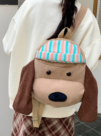 Раница за пътуване с мило кученце, плюшена, уличен стил, голям капацитет, за момичета, цип за отваряне, полиестерна подплата, отвън открит джоб