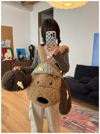 Раница за пътуване с мило кученце, плюшена, уличен стил, голям капацитет, за момичета, цип за отваряне, полиестерна подплата, отвън открит джоб