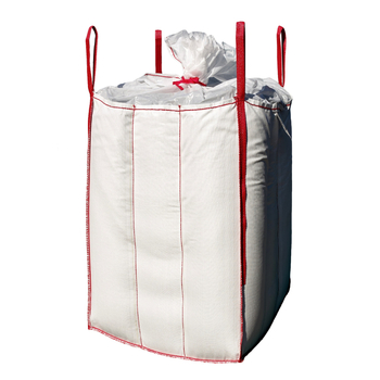 Bijela ton-bag s četiri uha za podizanje i velikim gornjim otvorom, PP tkanena vreća za kontejnere, zapremina 0,89 m³, dimenzije 90 × 90 × 110 cm, s otisnutim logom