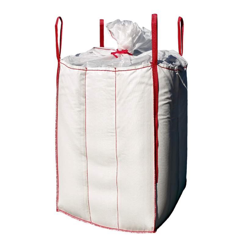 Bijela ton-bag s četiri uha za podizanje i velikim gornjim otvorom, PP tkanena vreća za kontejnere, zapremina 0,89 m³, dimenzije 90 × 90 × 110 cm, s otisnutim logom