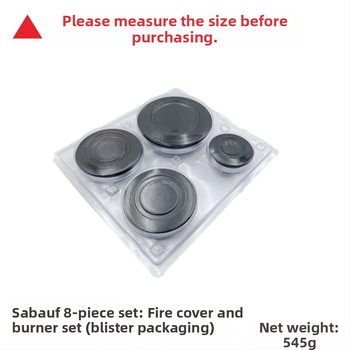 Sabaf gaasipliidi tarvikud: tasapinnaline leekkate + leekjaoturi komplekt; metallist kate + leekjaotur; manuaalne paigaldus; neto kaal 500 g