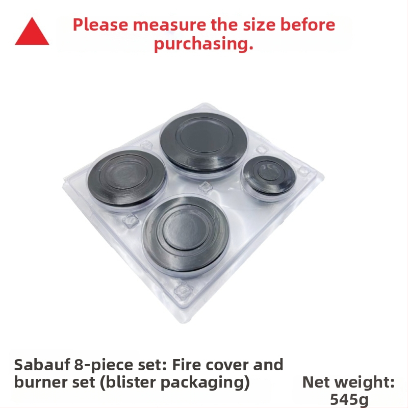 Sabaf gaasipliidi tarvikud: tasapinnaline leekkate + leekjaoturi komplekt; metallist kate + leekjaotur; manuaalne paigaldus; neto kaal 500 g