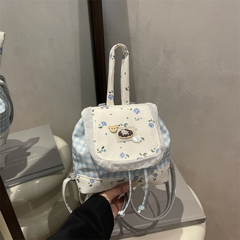 Gyerekeknek szóló hátizsák masnival és kockás csipkével, utcai stílus, poliészter bélés, kapucszerű nyitás, belső zseb