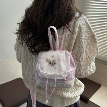 Gyerekeknek szóló hátizsák masnival és kockás csipkével, utcai stílus, poliészter bélés, kapucszerű nyitás, belső zseb