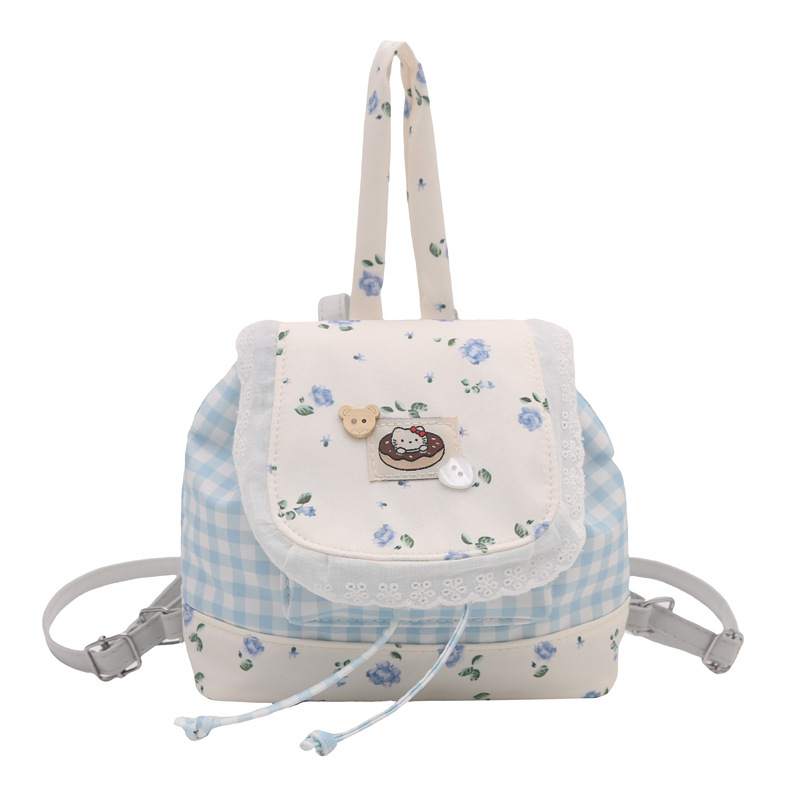 Gyerekeknek szóló hátizsák masnival és kockás csipkével, utcai stílus, poliészter bélés, kapucszerű nyitás, belső zseb