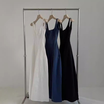 Hosszú ujjatlan ruha vállpántos, A-vonal, négyzet alakú nyakkivágás, poliészter, 3D hatás, japán-koreai casual stílus, laza derék