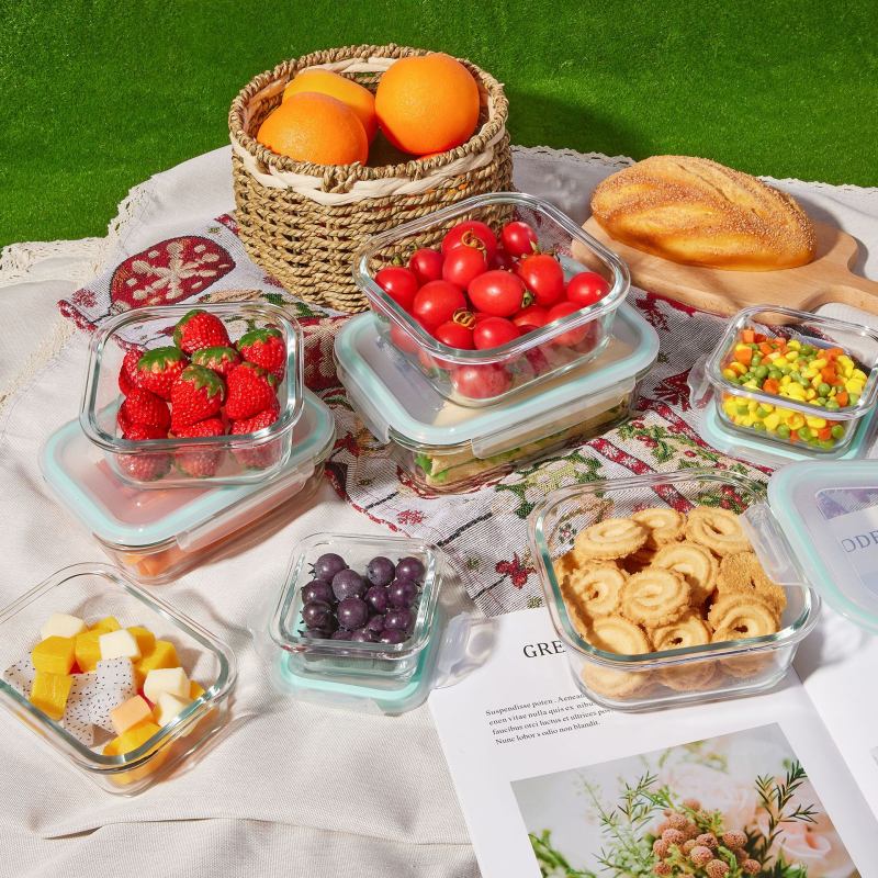 Set staklenih kutija za obrok - pravokutnog oblika, visok borosilikatno staklo, mikrovalna kompatibilno, kapacitet 800-1000 ml, 20 komada