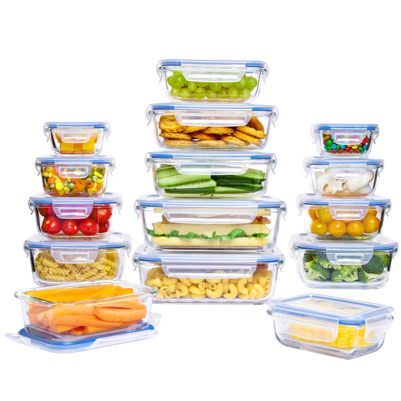 Set staklenih kutija za obrok - pravokutnog oblika, visok borosilikatno staklo, mikrovalna kompatibilno, kapacitet 800-1000 ml, 20 komada