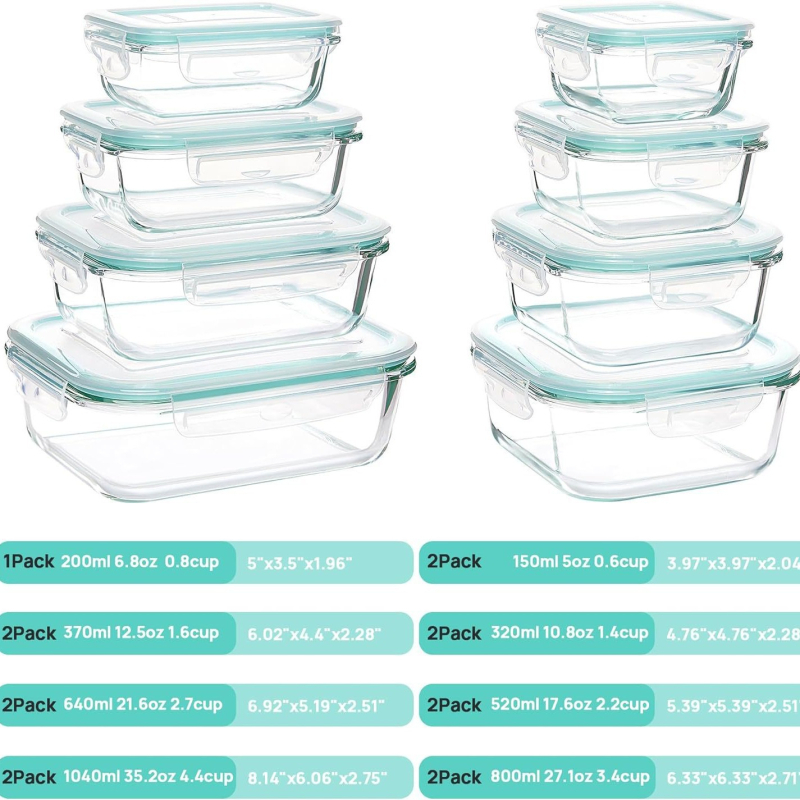 Set staklenih kutija za obrok - pravokutnog oblika, visok borosilikatno staklo, mikrovalna kompatibilno, kapacitet 800-1000 ml, 20 komada