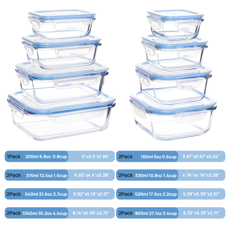 Set staklenih kutija za obrok - pravokutnog oblika, visok borosilikatno staklo, mikrovalna kompatibilno, kapacitet 800-1000 ml, 20 komada