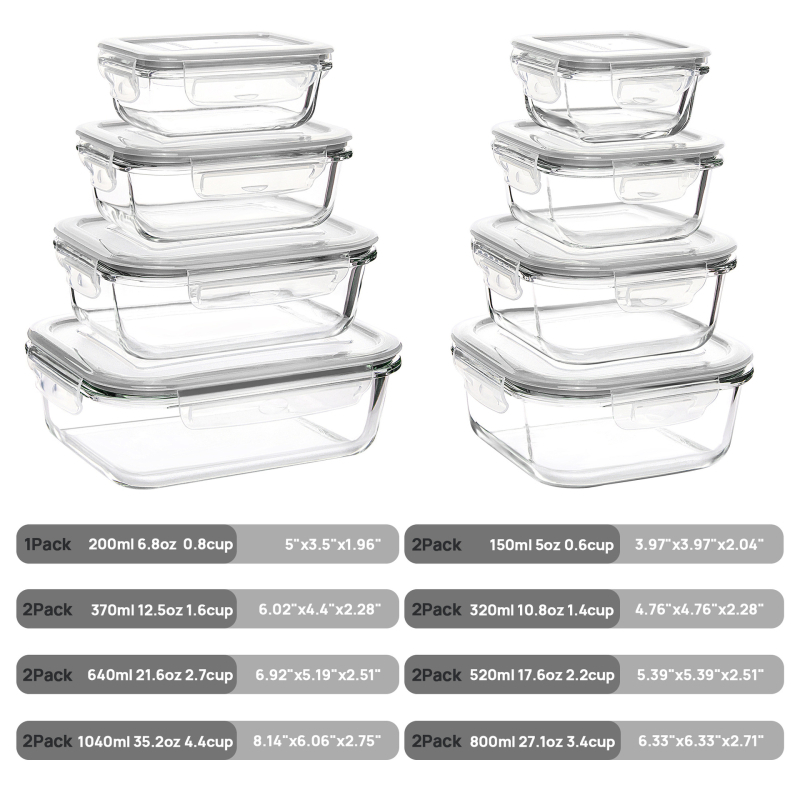 Set staklenih kutija za obrok - pravokutnog oblika, visok borosilikatno staklo, mikrovalna kompatibilno, kapacitet 800-1000 ml, 20 komada