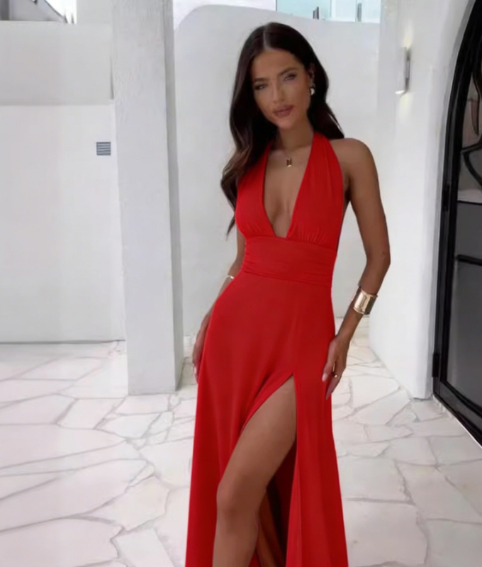 Milk silk hosszú A-vonalú ruha V-nyakú, ujjatlan, magas derekú, poliészter-spandex keverék, tavasz 2025