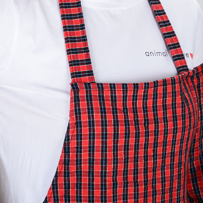 Kratka pamučna kućna pregača s trakom, unisex, karirani uzorak, otporna na mrlje i habanje, mekana, za kuhinju i kućne poslove