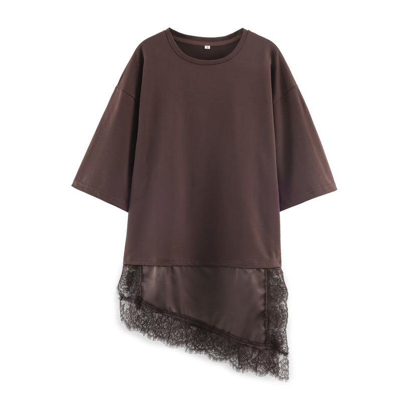 A-vonalú hosszú ruha, poliészter, panelvarrás, kerek nyakú, laza szabás, utcai stílus